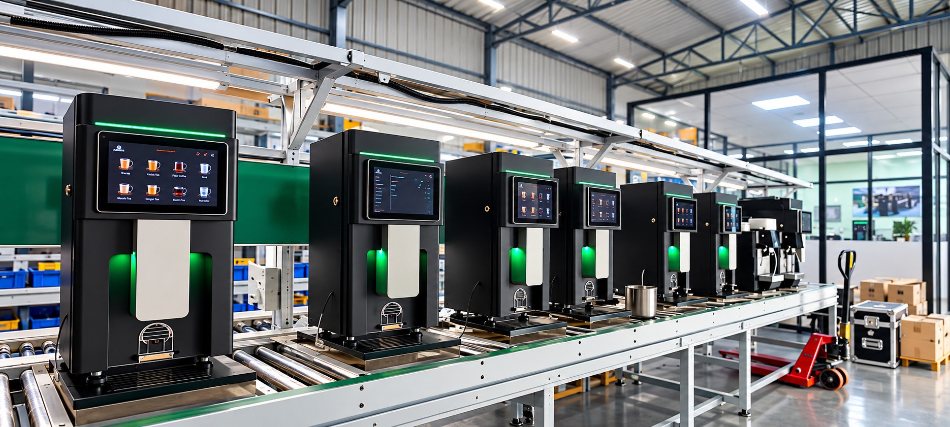 Illustration of coffee machines on an assembly line