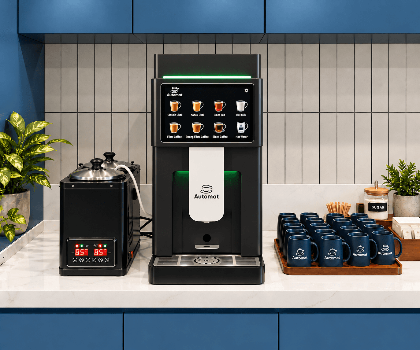 BrewTec with the Automat milk boiler and mug station in an office pantry