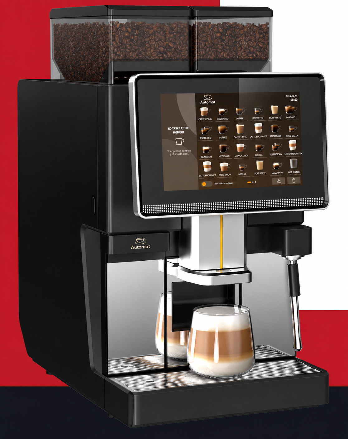 Automat O Series coffee machine, front view with a beverage