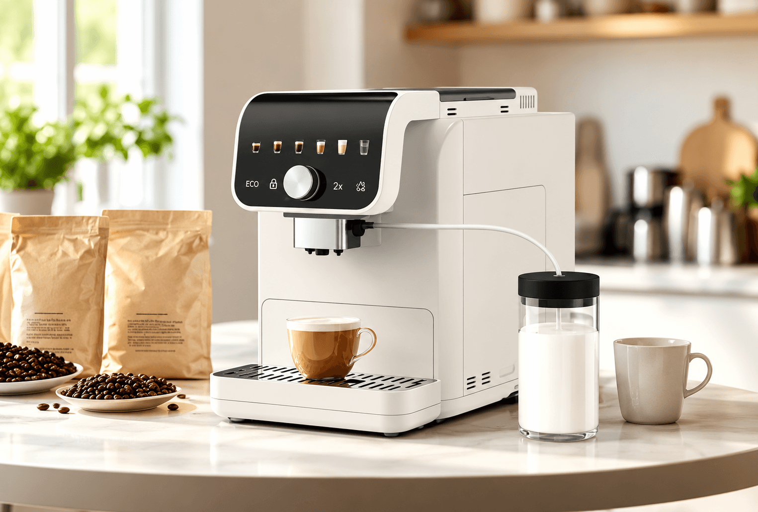 AT05B on a kitchen counter with coffee beans, a milk carafe and a cup of coffee