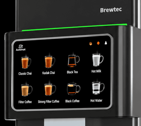 BrewTec touchscreen showing eight beverages