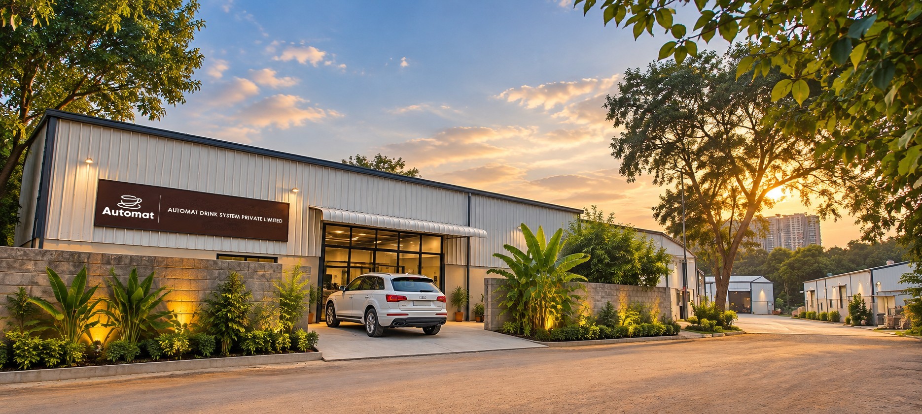 Illustrative image of an Automat facility exterior at sunset
