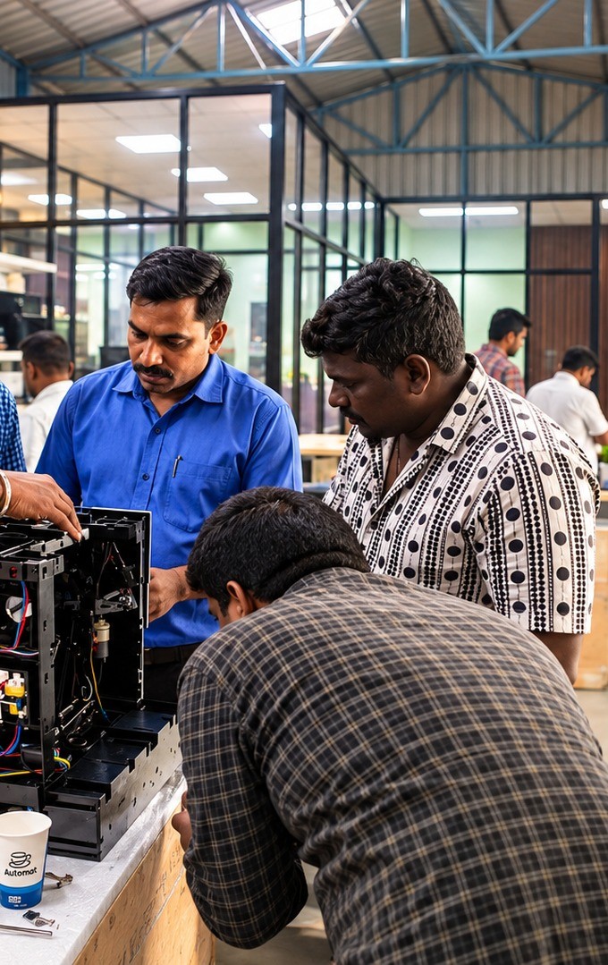 Automat team working through a beverage machine together in the Bengaluru workshop