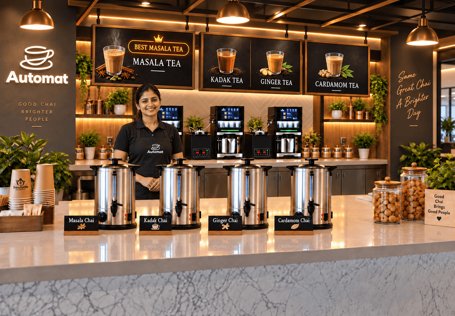 Illustrative image of an Automat-branded chai counter with serving urns and brewing machines